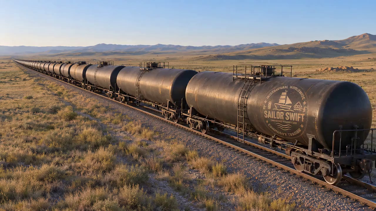 Illustrative train of petroleum tank cars crossing open steppe