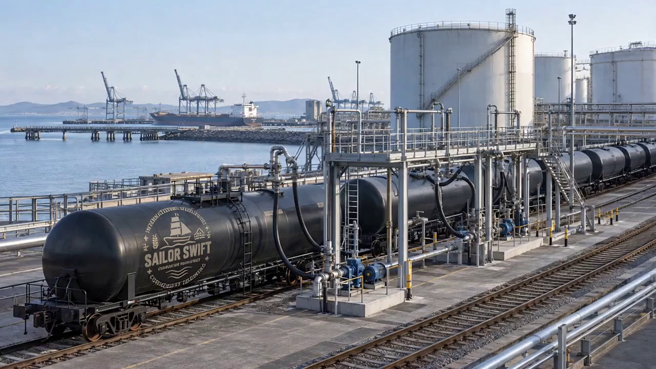 Illustrative rail tank car unloading installation at a coastal oil terminal